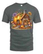 Pumpkin House Halloween Fall Cottage T-shirt - gray t-shirt on white background