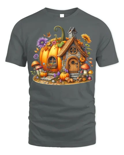 Pumpkin House Halloween Fall Cottage T-shirt - gray t-shirt on white background