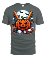 Halloween Pumpkin Baseball Spooky Game T-shirt - gray t-shirt on white background