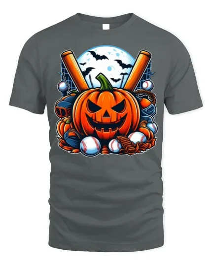 Halloween Pumpkin Baseball Spooky Game T-shirt - gray t-shirt on white background