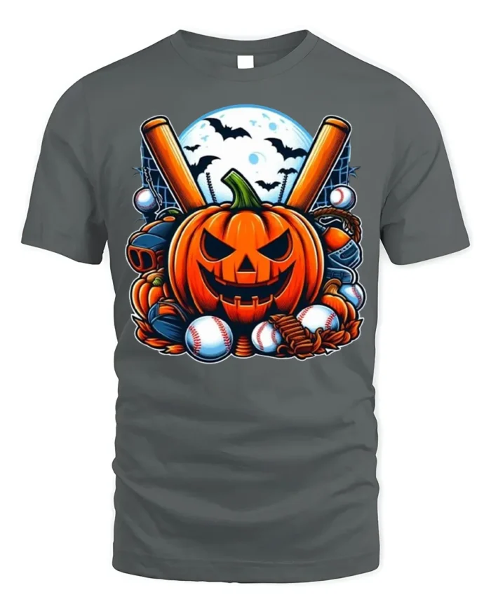 Halloween Pumpkin Baseball Spooky Game T-shirt - gray t-shirt on white background