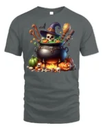 Witch Cauldron Skull Pumpkin Halloween T-shirt - gray t-shirt on white background