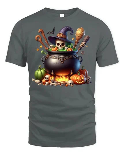 Witch Cauldron Skull Pumpkin Halloween T-shirt - gray t-shirt on white background