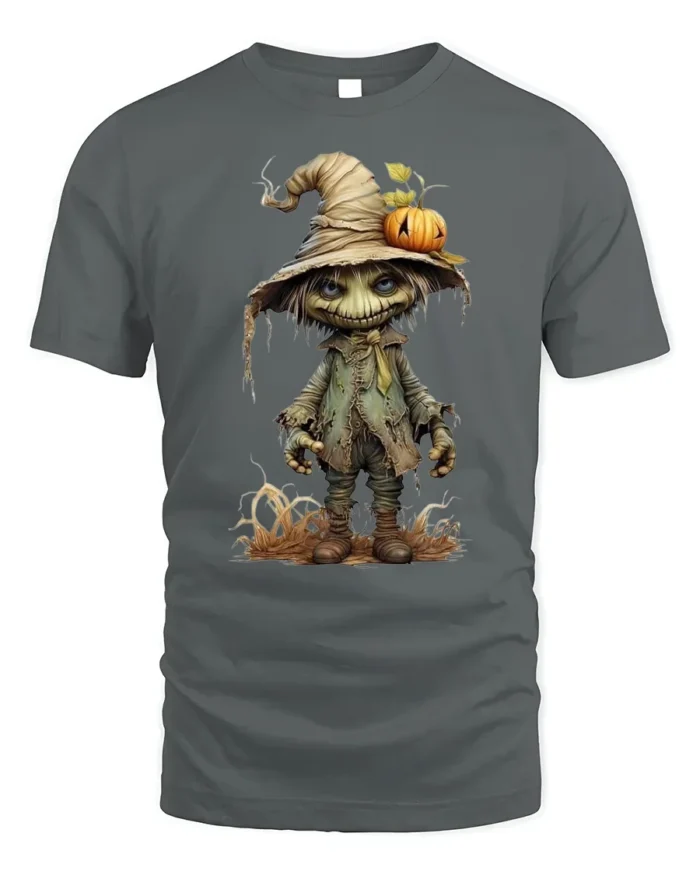 Creepy Scarecrow Pumpkin Halloween T-shirt - gray t-shirt on white background