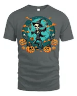 Skeleton Witch Pumpkin Halloween Graphic T-Shirt - gray t-shirt on white background