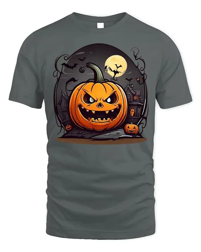 Evil Pumpkin Haunted House Halloween T-Shirt - gray t-shirt on white background