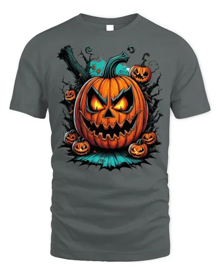 Scary Pumpkin Face Halloween Night T-Shirt - gray t-shirt on white background