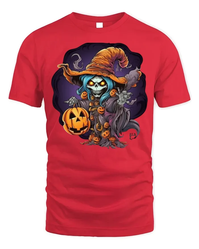 Spooky Witch Pumpkin Halloween Graphic T-Shirt - red t-shirt on white background