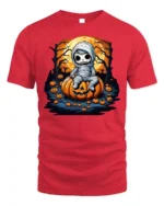 Spooky Cute Mummy Pumpkin Halloween T-shirt - red t-shirt on white background