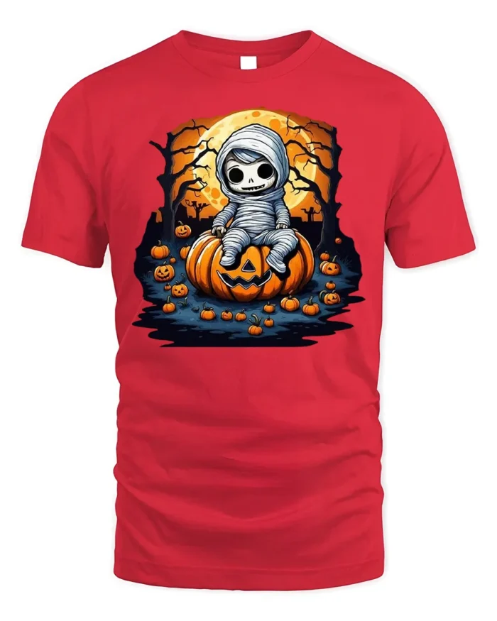 Spooky Cute Mummy Pumpkin Halloween T-shirt - red t-shirt on white background
