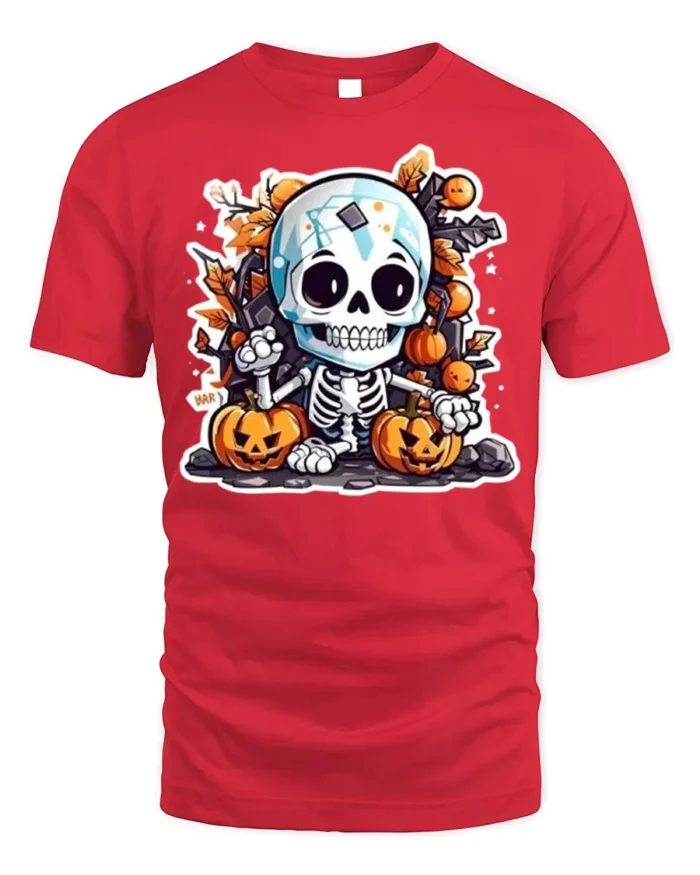 Cute Skeleton Pumpkin Fall Halloween T-shirt - red t-shirt on white background