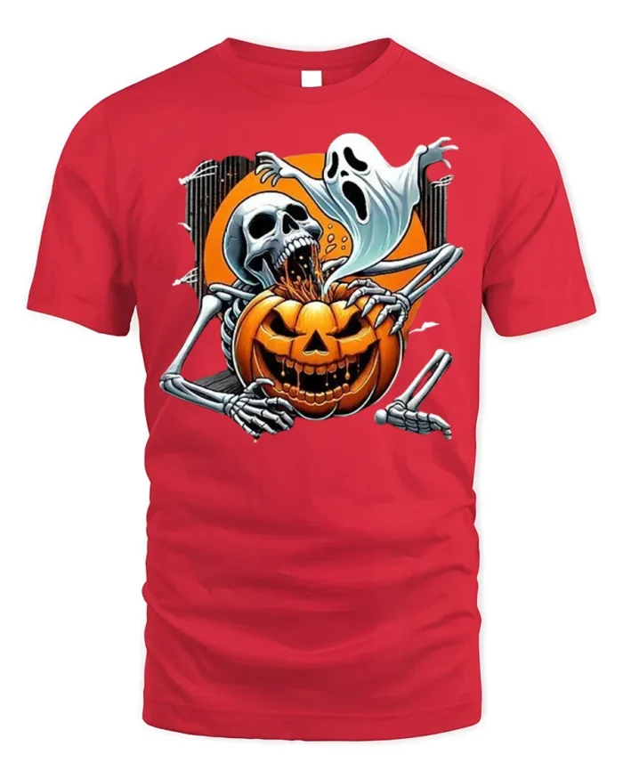 Scary Skeleton Pumpkin Ghost Halloween T-shirt - red t-shirt on white background