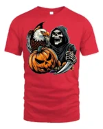 Grim Reaper Eagle Pumpkin Halloween T-shirt - red t-shirt on white background