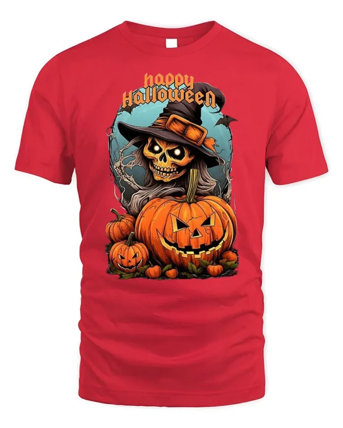Witch Skull Pumpkin Happy Halloween T-shirt - red t-shirt on white background