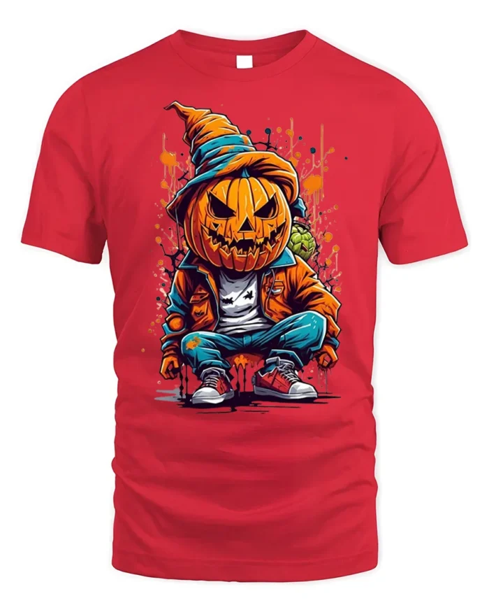 Urban Pumpkin Head Street Style Halloween T-shirt - red t-shirt on white background