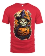 Evil Witch Skull Pumpkin Halloween T-shirt - red t-shirt on white background