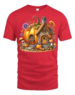 Pumpkin House Halloween Fall Cottage T-shirt - red t-shirt on white background