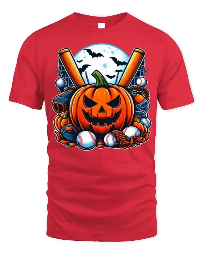 Halloween Pumpkin Baseball Spooky Game T-shirt - red t-shirt on white background