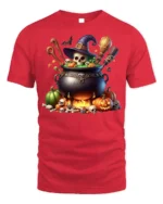 Witch Cauldron Skull Pumpkin Halloween T-shirt - red t-shirt on white background