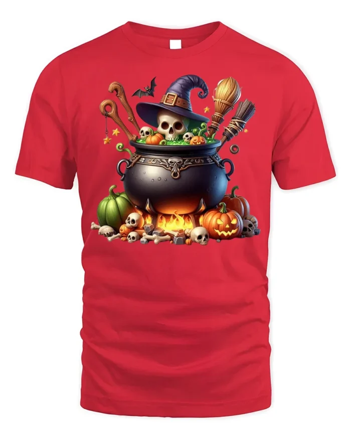 Witch Cauldron Skull Pumpkin Halloween T-shirt - red t-shirt on white background