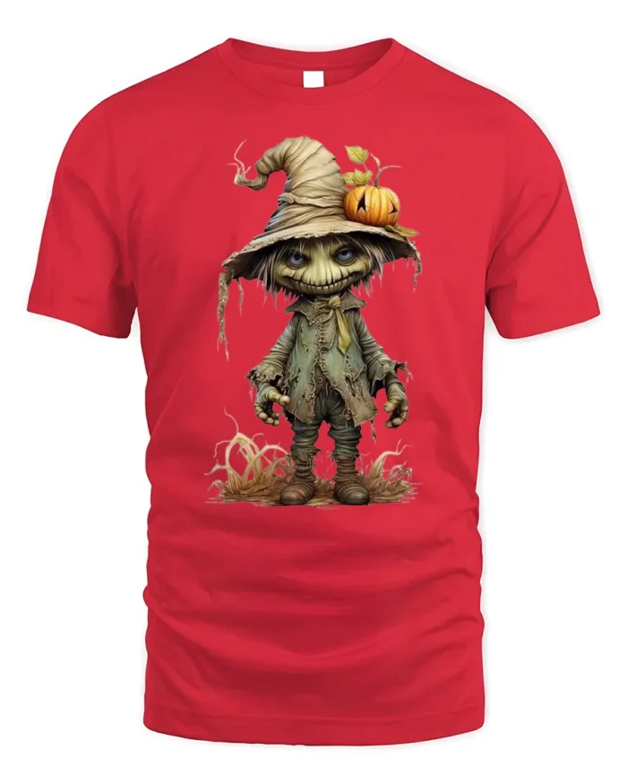 Creepy Scarecrow Pumpkin Halloween T-shirt - red t-shirt on white background