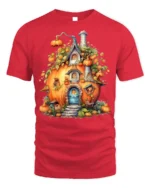 Whimsical Pumpkin House Halloween T-shirt - red t-shirt on white background