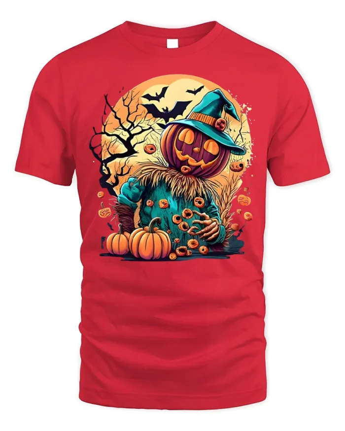 Pumpkin Head Scarecrow Halloween Graphic T-Shirt - red t-shirt on white background