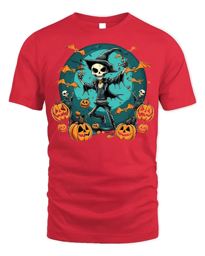 Skeleton Witch Pumpkin Halloween Graphic T-Shirt - red t-shirt on white background