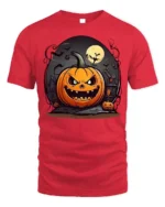 Evil Pumpkin Haunted House Halloween T-Shirt - red t-shirt on white background