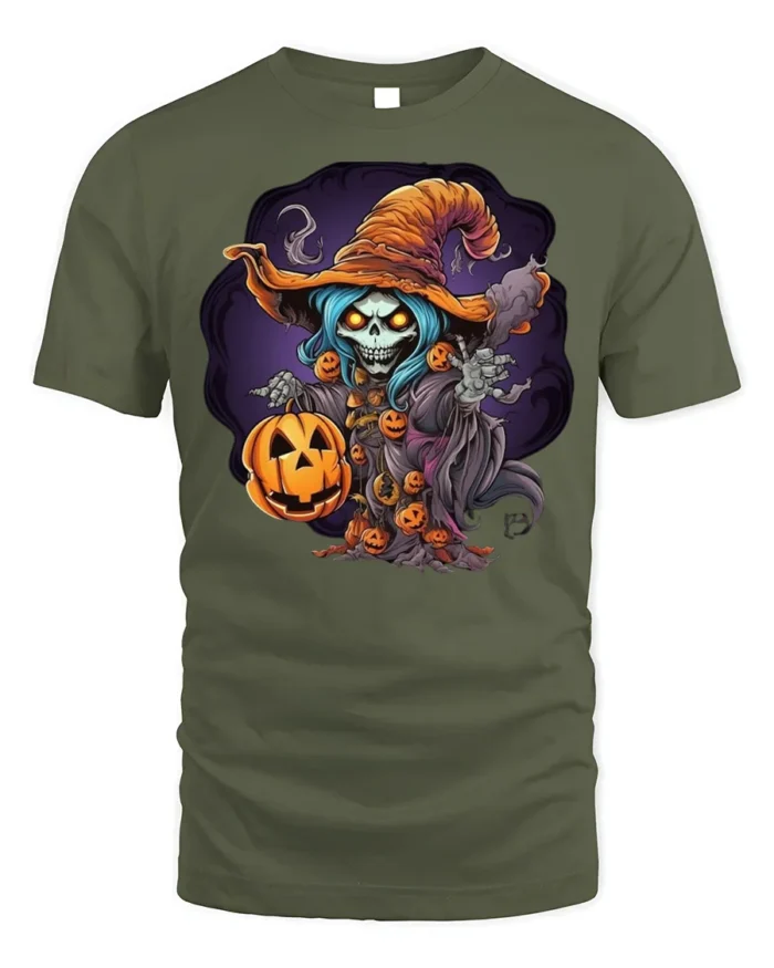 Spooky Witch Pumpkin Halloween Graphic T-Shirt - military green t-shirt on white background