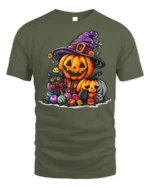 Cute Halloween Pumpkin Cat Candy T-shirt - military green t-shirt on white background
