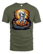 Spooky Cute Mummy Pumpkin Halloween T-shirt - military green t-shirt on white background