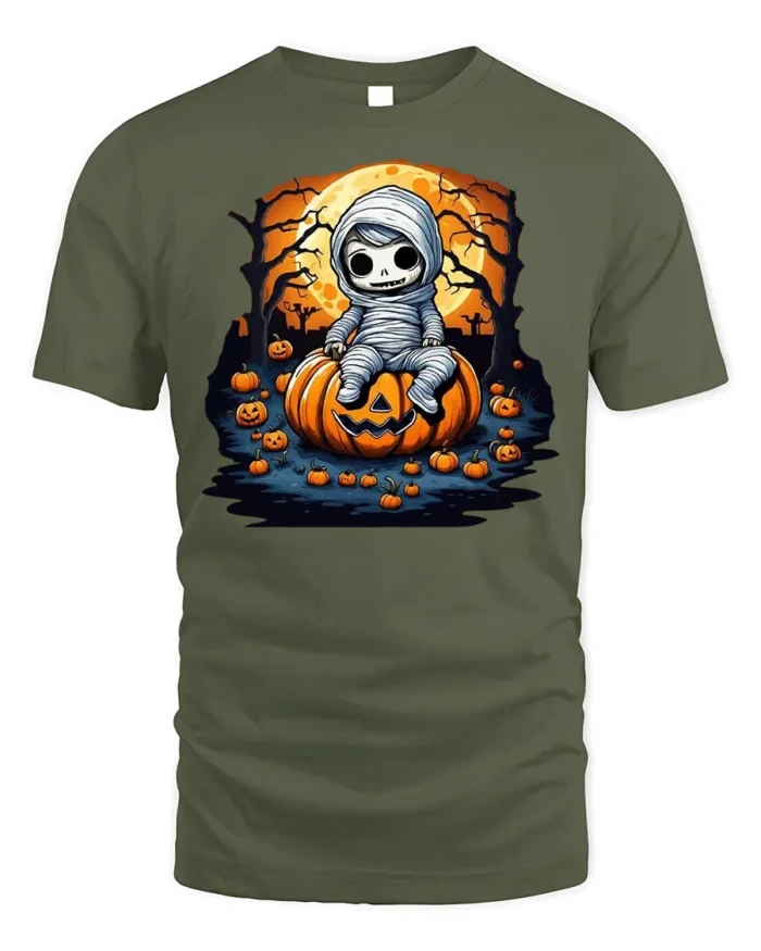 Spooky Cute Mummy Pumpkin Halloween T-shirt - military green t-shirt on white background