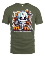 Cute Skeleton Pumpkin Fall Halloween T-shirt - military green t-shirt on white background