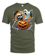 Scary Skeleton Pumpkin Ghost Halloween T-shirt - military green t-shirt on white background
