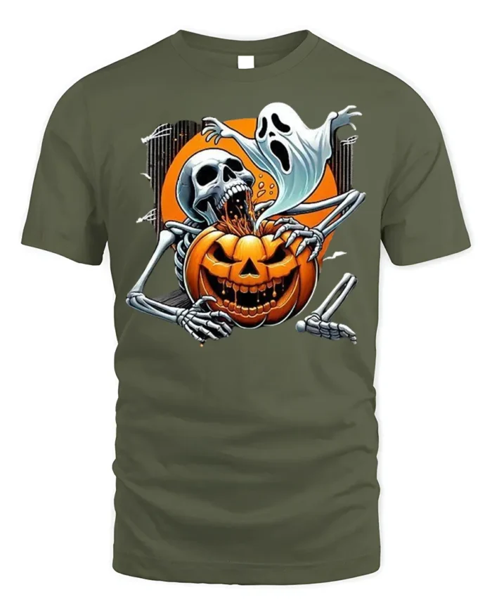 Scary Skeleton Pumpkin Ghost Halloween T-shirt - military green t-shirt on white background