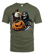 Grim Reaper Eagle Pumpkin Halloween T-shirt - military green t-shirt on white background