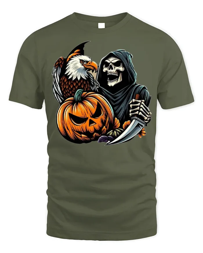 Grim Reaper Eagle Pumpkin Halloween T-shirt - military green t-shirt on white background