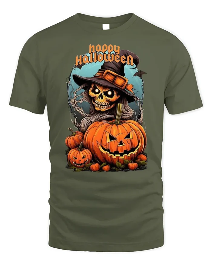 Witch Skull Pumpkin Happy Halloween T-shirt - military green t-shirt on white background
