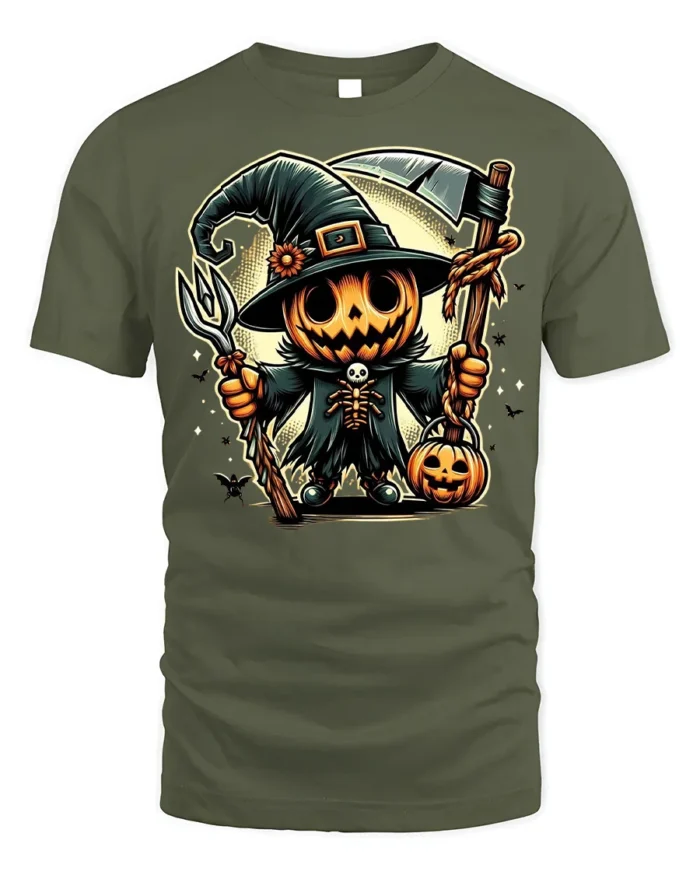 Pumpkin Scarecrow Witch Halloween Graphic T-shirt - military green t-shirt on white background
