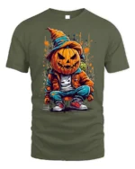 Urban Pumpkin Head Street Style Halloween T-shirt - military green t-shirt on white background