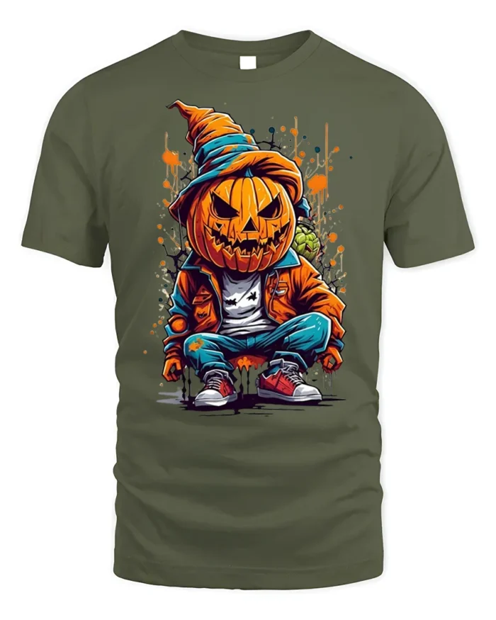 Urban Pumpkin Head Street Style Halloween T-shirt - military green t-shirt on white background