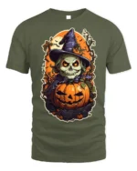 Evil Witch Skull Pumpkin Halloween T-shirt - military green t-shirt on white background