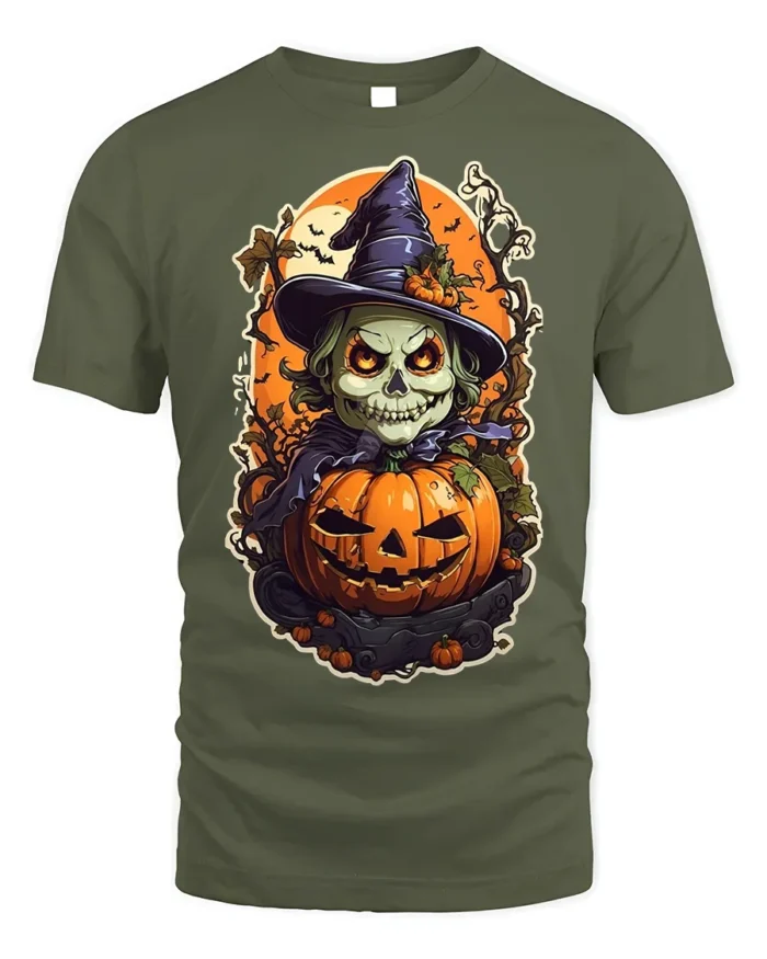Evil Witch Skull Pumpkin Halloween T-shirt - military green t-shirt on white background