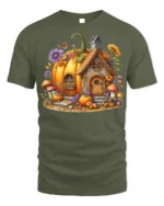 Pumpkin House Halloween Fall Cottage T-shirt - military green t-shirt on white background