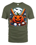 Halloween Pumpkin Baseball Spooky Game T-shirt - military green t-shirt on white background