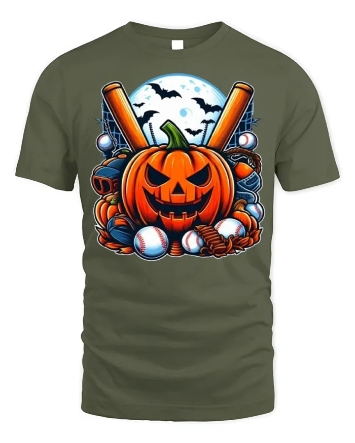 Halloween Pumpkin Baseball Spooky Game T-shirt - military green t-shirt on white background