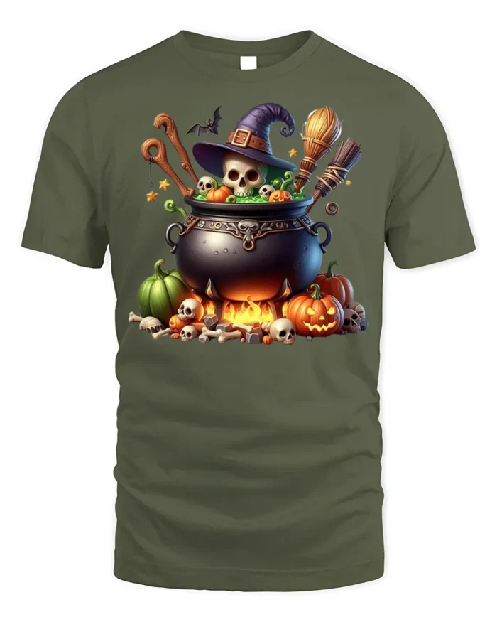 Witch Cauldron Skull Pumpkin Halloween T-shirt - military green t-shirt on white background