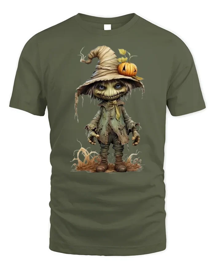 Creepy Scarecrow Pumpkin Halloween T-shirt - military green t-shirt on white background