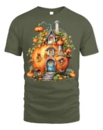 Whimsical Pumpkin House Halloween T-shirt - military green t-shirt on white background